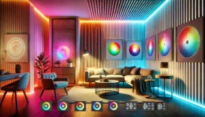 A dynamic interior scene showing a room with adjustable smart lighting