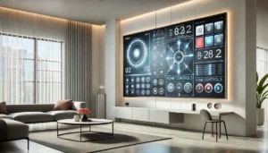 A futuristic interior scene featuring an interactive wal