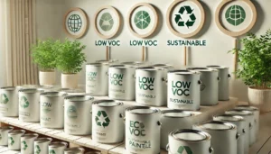 A neatly arranged display of eco-friendly paint can,