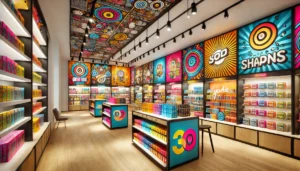 A vibrant retail store with colorful branding and custom wall graphics